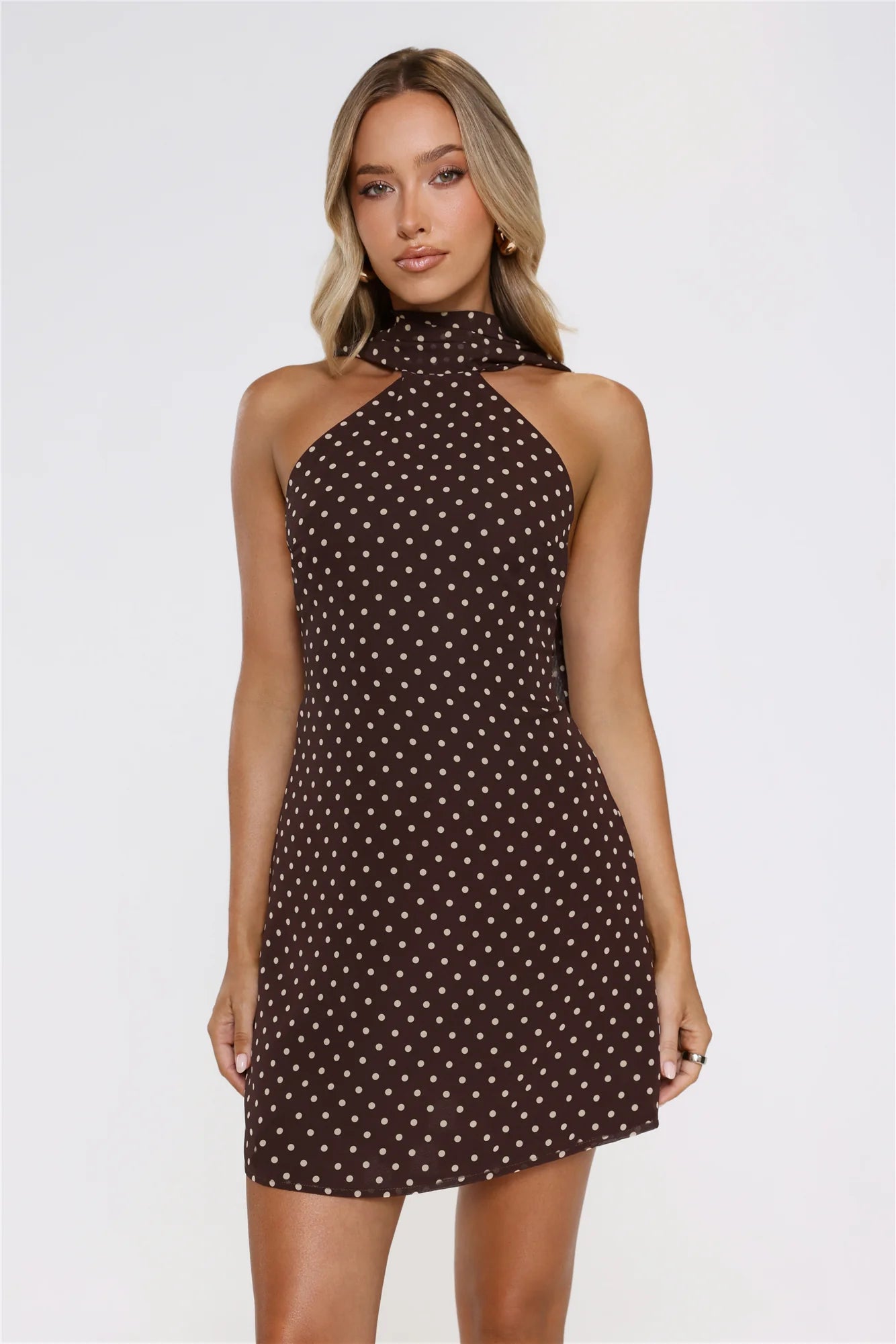 Chic Babe Polka Dot Halter Mini Dress Brown